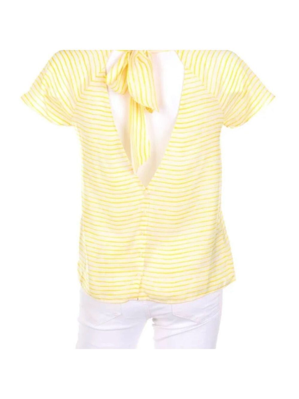 Zara Trafaluc white yellow stripe low open tie back short sleeve boxy top M - Picture 2 of 12